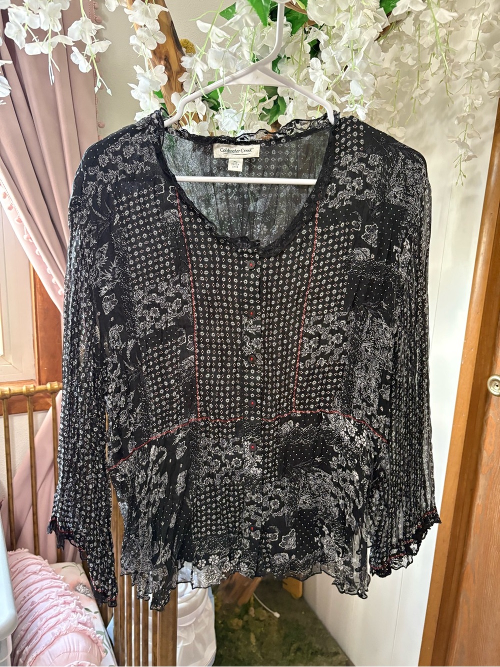 Coldwater Creek Vintage  Black and White Patchwork Floral Blouse